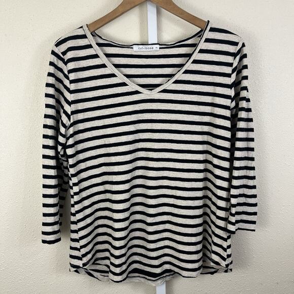 Cut Loose Cotton Linen Stripe V-Neck Top S Small 3/4 Sleeve Lagenlook Boho - Picture 1 of 4